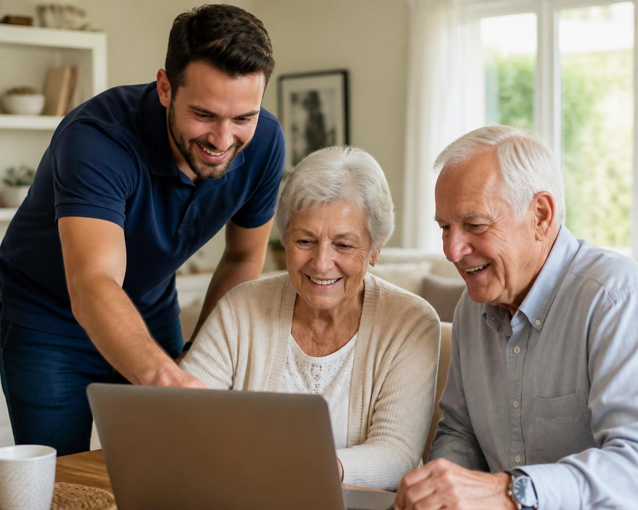 Acquire Computer Services technician helping a couple with their laptop at home